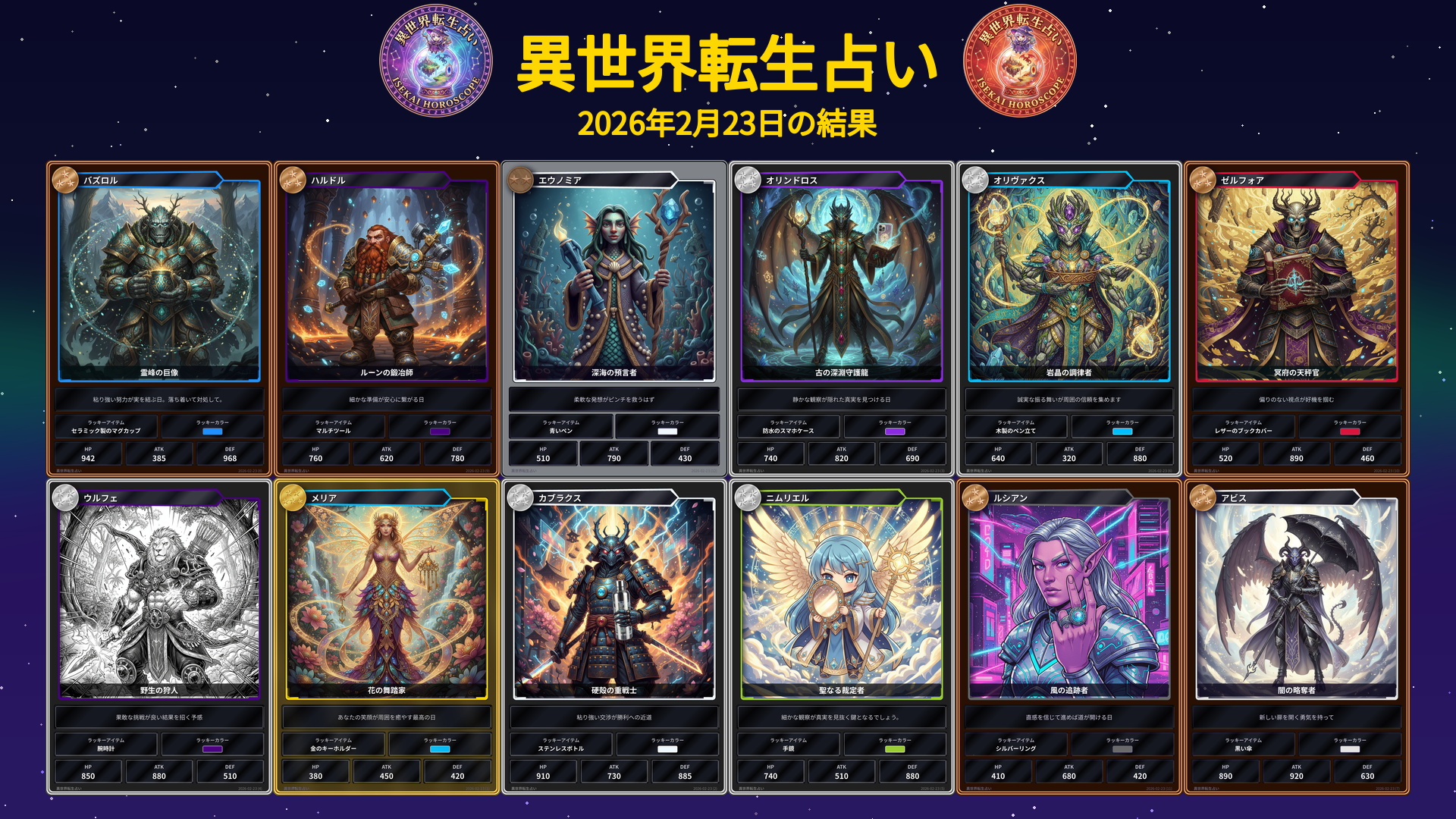 2026年2月23日の運勢カード一覧